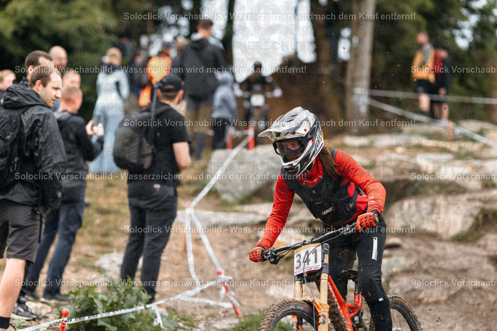 Downhill-Mountainbiker in Aktion | Das Foto zeigt einen Mountainbiker in voller Montur, der einen steilen, staubigen Hang hinunterfährt. Er trägt einen roten Helm, eine Weste und Handschuhe. Er trägt die Nummer 341 auf seinem Rücken. Im Hintergrund sind mehrere Zuschauer zu sehen, die den Fahrer anfeuern. Der Boden ist mit Schotter und kleinen Steinen bedeckt. Es ist ein dynamisches Bild, das die Aufregung des Downhill-Mountainbikens einfängt. - Realisiert mit Pictrs.com
