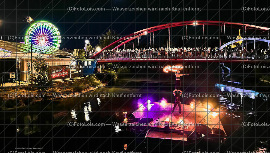 0469_Luftbild_VOLKSFEST-Wlbg_InselFeuer-Show | (C)FotoLois.com, Alois Spandl, Luftbild, Wieselburger VOLKSFEST neu, Feuershow auf der Erlaufinsel unter den Brücken, Do 29. Juni 2023.