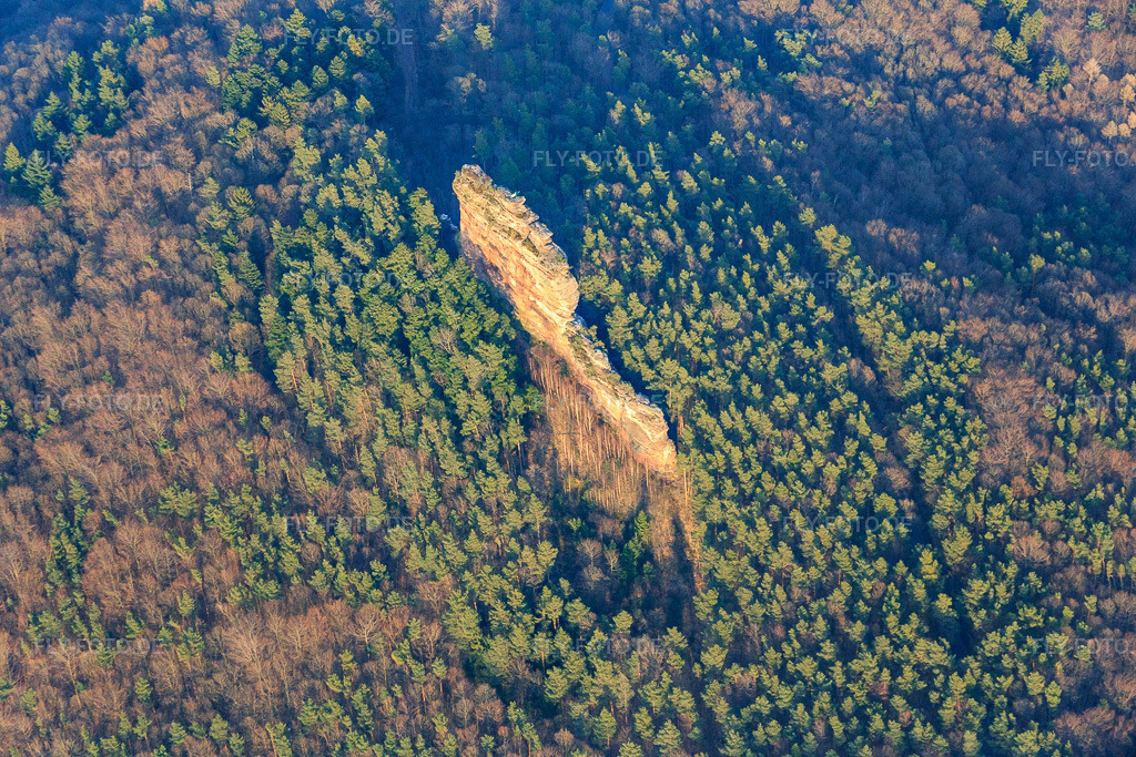 Luftbild: Kleterfelsen Asselstein in Annweiler am Trifels im Bundesland Rheinland-Pfalz in Deutschland. Foto: IMG_086813.jpg vom 26.03.2016 durch Werner Riehm/FLY-FOTO.de