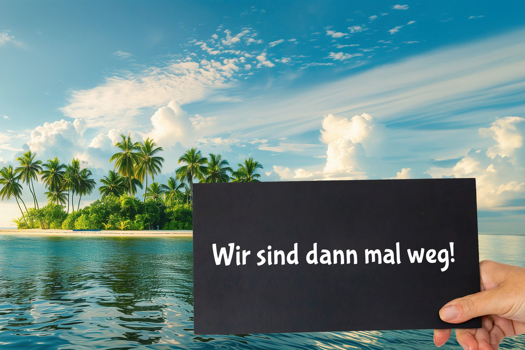Schild mit der Aufschrift WIR SIND DANN MAL WEG vor einer einsamen Südseeinsel (Composing, Hintergrund K.I.-generiert) | Schild mit der Aufschrift WIR SIND DANN MAL WEG vor einer einsamen Südseeinsel (Composing, Hintergrund K.I.-generiert) - Realisiert mit Pictrs.com