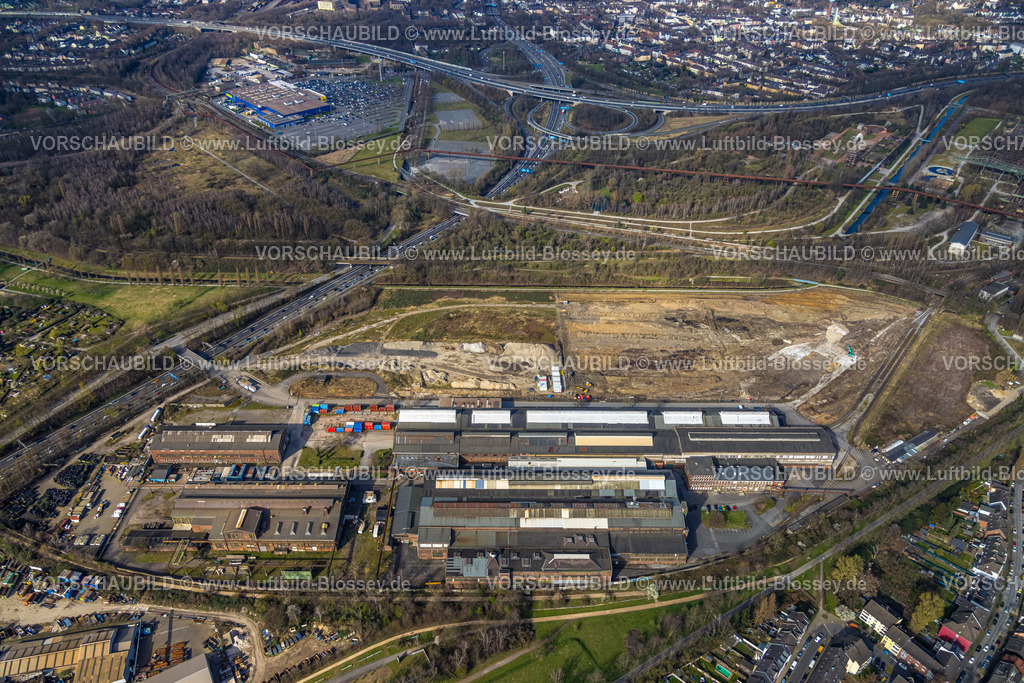 Duisburg240304472 | Luftbild, Gewerbegebiet und Baugelände am 
Landschaftspark Duisburg-Nord, Walzengiesserei Meiderich GmbH Gelände, Obermeiderich, Duisburg, Ruhrgebiet, Nordrhein-Westfalen, Deutschland, Duisburg-N