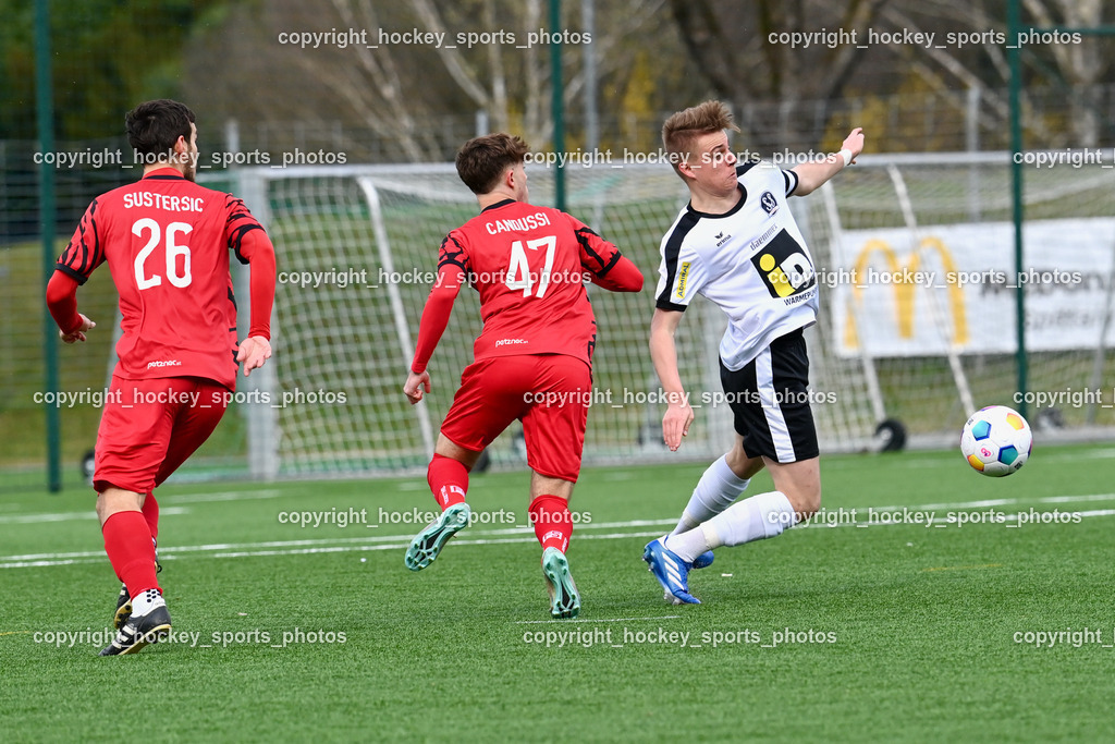 SV Spittal 1921 vs. ATUS Ferlach 24.3.2024 | #26 Martin Sustersic ATUS Ferlach, #47 Jano Maria Candussi ATUS Ferlach, #7 Ralph Roman Scheer SV Spittal, SV Spittal 1921 vs. ATUS Ferlach 24.3.2024, SV Spittal 1921 vs. ATUS Ferlach am 24.03.2024 in Spittal an der Drau (Goldeck Stadion), Austria, (Photo by Bernd Stefan)