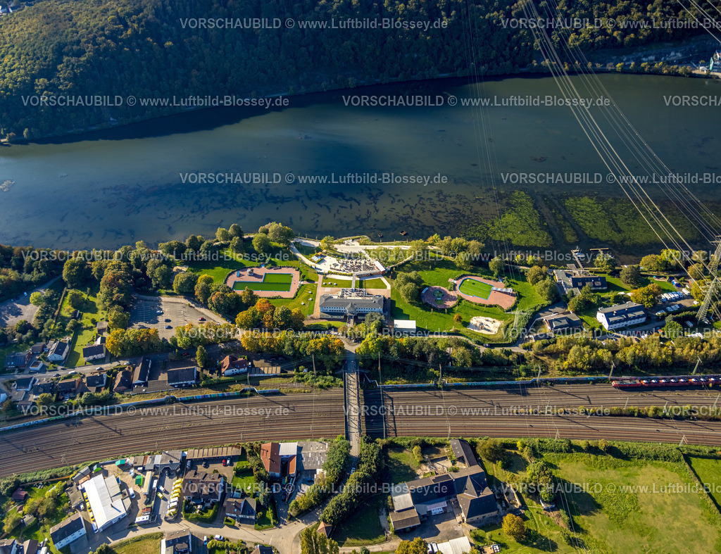 Hagen241005521 | Luftbild, Strandhaus Salitos Beach Hengsteysee mit Freibad Südufer, Bahngleise, Boele, Hagen, Ruhrgebiet, Nordrhein-Westfalen, Deutschland