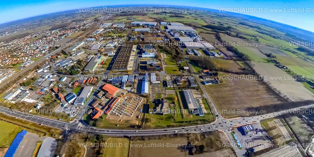 Hamm240190131GewerbegebietRhynern | Luftbild, Gewerbegebiet Rhynern an der BAB Autobahn A2, umgeben von Wiesen und Feldern, Erdkugel, Fisheye Aufnahme, Fischaugen Aufnahme, 360 Grad Aufnahme, tiny world, little planet, fisheye Bild, Stadtbezirk Rhynern, Hamm, Ruhrgebiet, Nordrhein-Westfalen, Deutschland