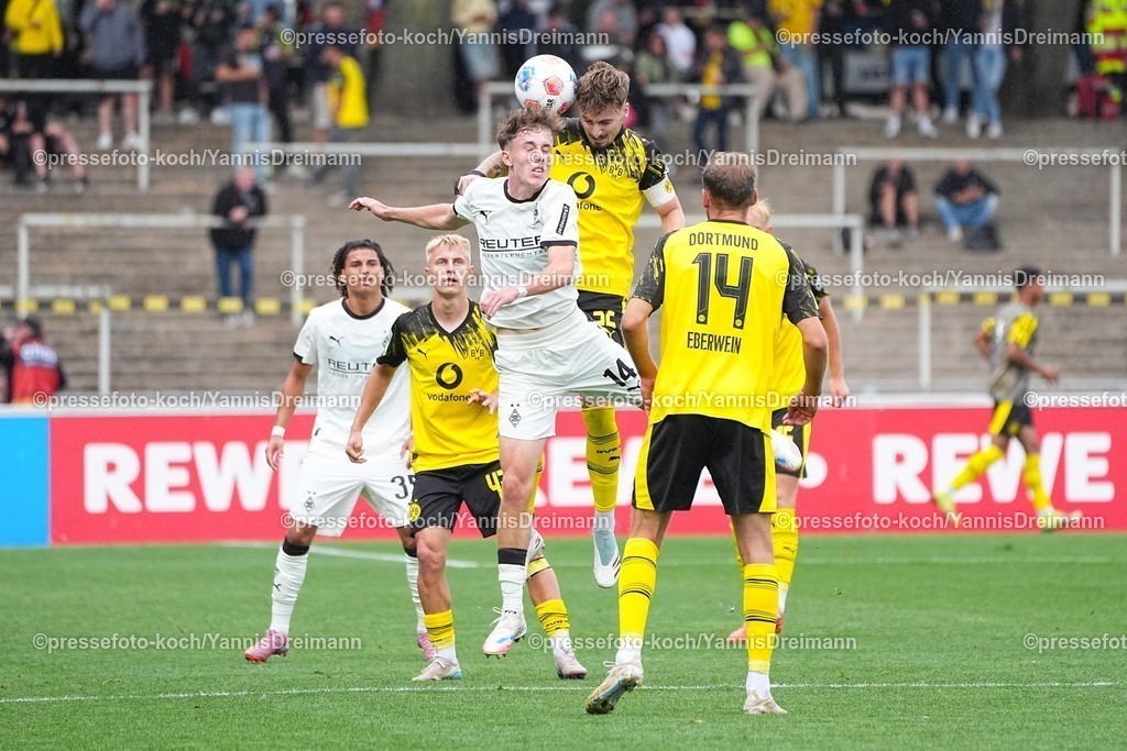 xydrx30082502024 | 30.08.2025, xydrx, Fußball, Regionalliga West, Borussia Dortmund II - Borussia Mönchengladbach II , Saison 2025 2026, Stadion Rote Erde: Yannick Michaelis (Borussia Mönchengladbach II #14) im Zweikampf gegen Tony Reitz (Borussia Dortmund II #36)
