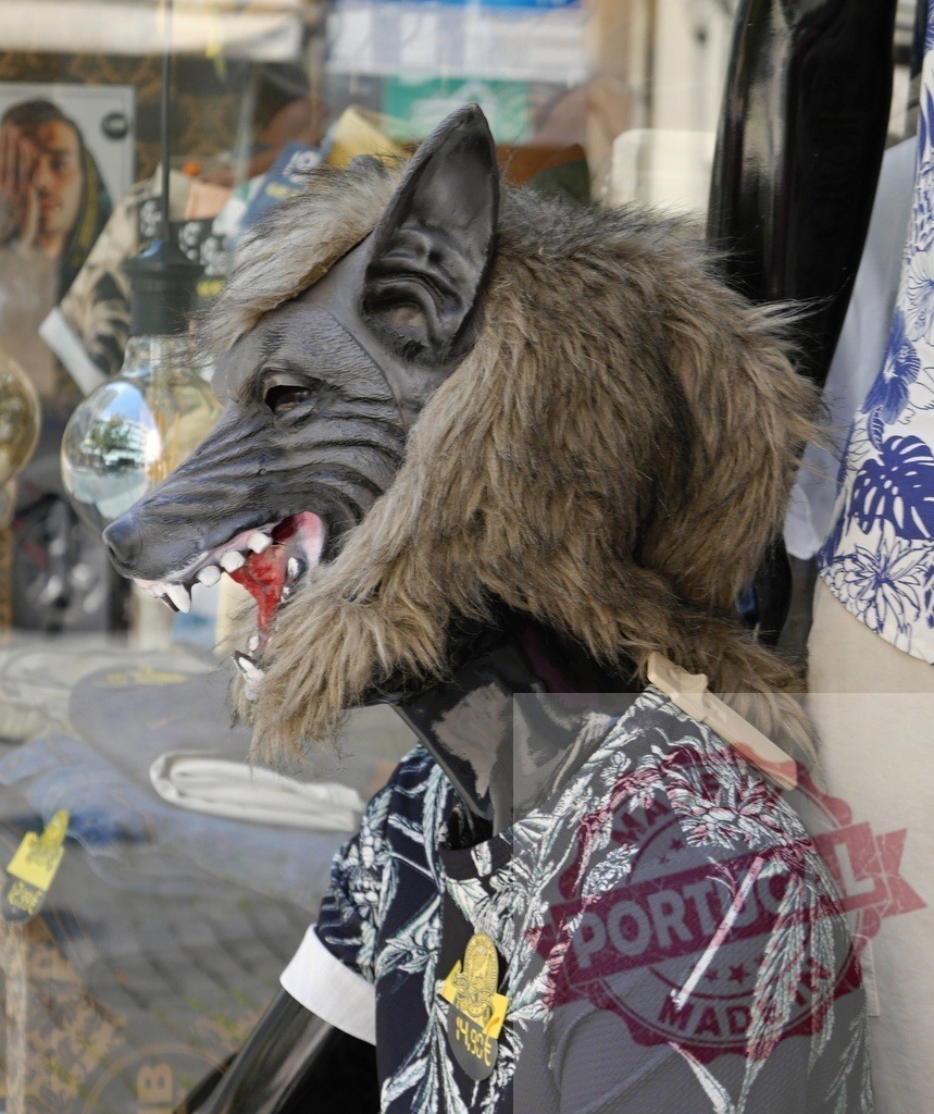 Wolf mask on mannequin displaying clothing in storefront | Wolf mask head on a retail display mannequin wearing patterned shirt in a shop window - Realized with Pictrs.com