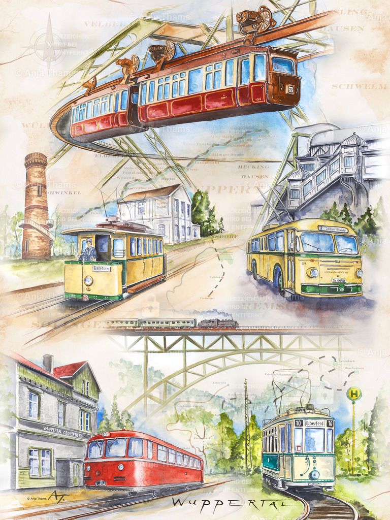 Historische Verkehrsmittel in Wuppertal | In Wuppertal findet man eine Vielzahl ungewöhnlicher Verkehrsmittel, das ist weltweit einzigartig. Der "Triebwagen 94" ist eines der Schmuckstücke des Museums der Bergischen Museumsbahnen in der Kohlfurth, Samba-Schienenbus in Cronenberg, O-Bus der Marke Uerdingen-Henschel, die Zahnradbahn "Barmer Bergbahn", die Müngstener Brücke als höchste Eisenbahnbrücke Deutschlands und natürlich darf der Kaiserwagen der Schwebebahn auf diesem Stadtposter nicht fehlen. - Realized with Pictrs.com