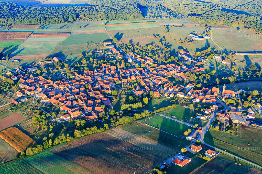 Vue aérienne: Vue d'ensemble du village depuis l'est à Schillersdorf dans le département Bas Rhin, France – .Photo: IMG_111639.jpg prise le 16/09/2018 par Werner Riehm/FLY-FOTO.eu – Résolution de l'original: 5472 x 3648 px