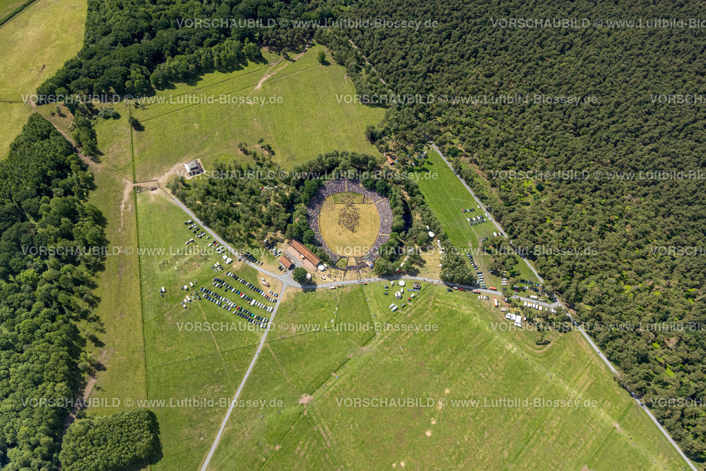 Duelmen220505157MerfelderBruchPferde | Luftbild, Wildpferdefang im Merfelder Bruch bei Dülmen, Arena der Wildpferdebahn, Herzöge von Croÿ Anwesen, Pferdeherde,  Merfeld, Dülmen, Münsterland, Nordrhein-Westfalen, Deutschland