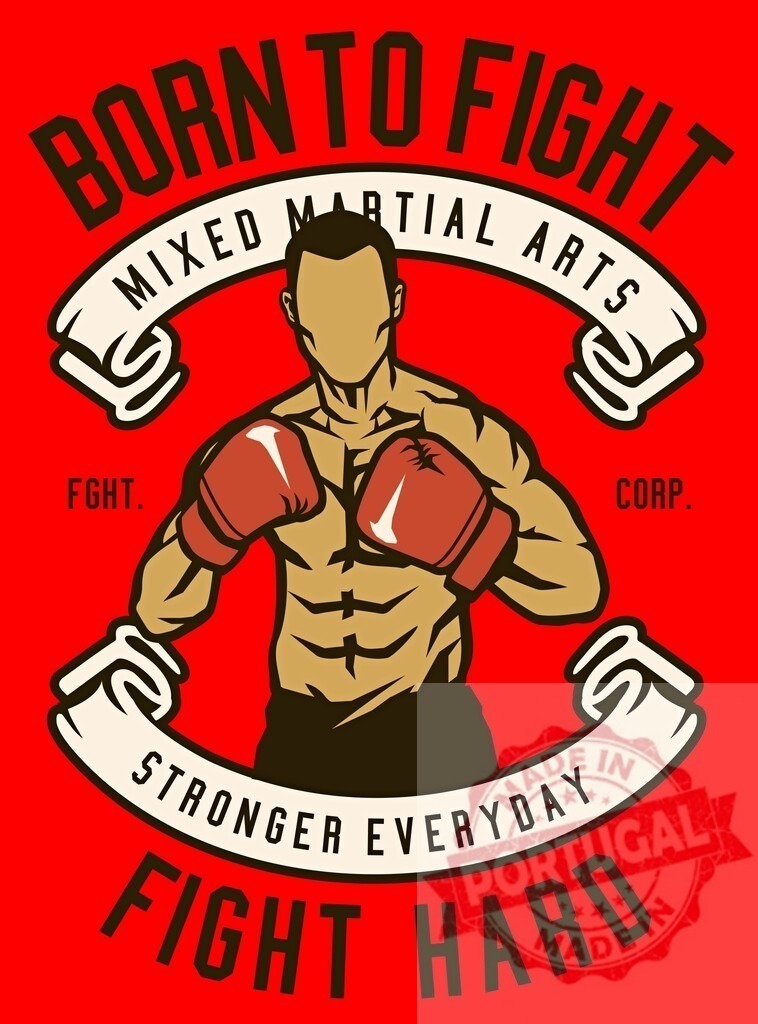 Mixed martial arts fighter wearing boxing gloves training. T-Shirt design | Fighter wearing boxing gloves on red background representing mixed martial arts - Realisiert mit Pictrs.com