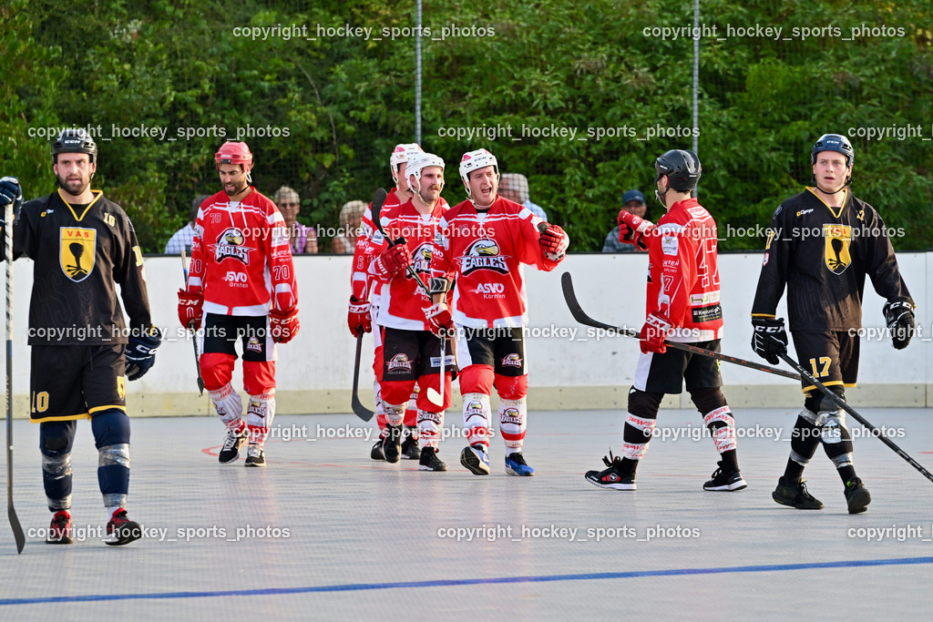 HSC Eagles Poggersdorf vs. VAS Ballhockey Villach | #47 Witting Marcel HSC Eagles Poggersdorf, Jubel HSC Eagles Mannschaft, #77 Schumnig Stefan HSC Eagles Poggersdorf, #10 Sunitsch Marco HSC Eagles Poggersdorf, #70 Schumnig Martin HSC Eagles Poggersdorf, #17 Hobitsch Samuel VAS Villach, #10 Falkner Marco VAS Villach, HSC Eagles Poggersdorf vs. VAS Ballhockey Villach, HSC Eagles Poggersdorf vs. VAS Ballhockey Villach am 20.07.2025 in Poggersdorf (Sportzentrum Poggersdorf), Austria, (Photo by Bernd Stefan)
