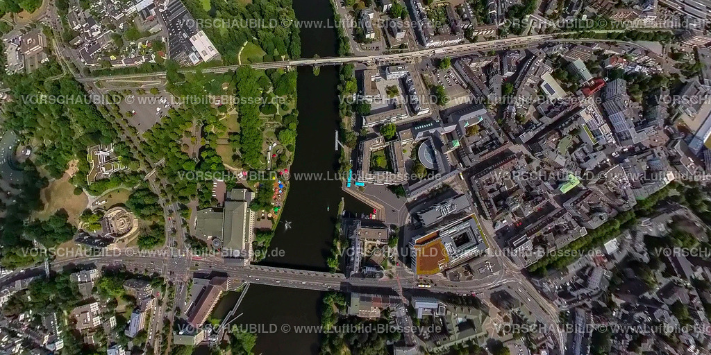 Muelheim20220806_CityRuhr2-2-133 | Luftbild, City mit Schloss Broich am Fluss Ruhr, Fisheye Aufnahme, Fischaugen Aufnahme, 360 Grad Aufnahme, Altstadt I, Mülheim an der Ruhr, Ruhrgebiet, Nordrhein-Westfalen, Deutschland