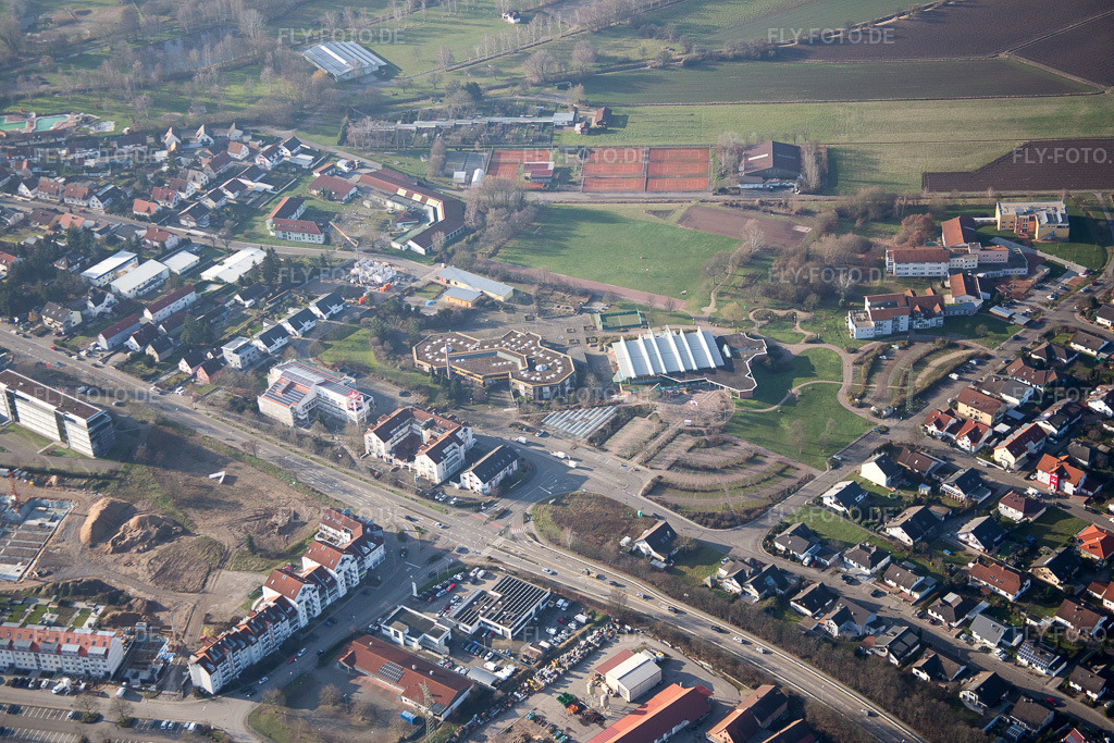 Luftbild: Pestalozzihalle im Ortsteil Graben in Graben-Neudorf im Bundesland Baden-Württemberg in Deutschland. Foto: IMG_085358.jpg vom 19.12.2015 durch Werner Riehm/FLY-FOTO.de