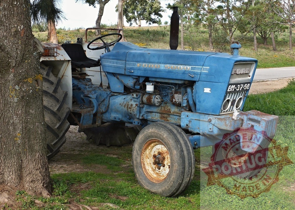 Old blue Ford 5000 tractor parked by a tree | Rustic Ford 5000 tractor resting in green grass, representing vintage farm machinery and heritage - Realisiert mit Pictrs.com