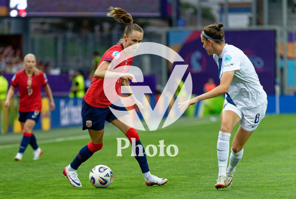Norway v Finland - UEFA Women's EURO 2025 Group A | SION, SWITZERLAND - JULY 6: Caroline Graham Hansen of Norway (L) and Joanna Tynnila of Finland (R) fight for possession during the UEFA Womens EURO 2025 Group A match between Norway and Finland at Stade de Tourbillon on July 6, 2025 in Sion, Switzerland. (Photo by Giuseppe Velletri/Sports Press Photo/Getty Images)