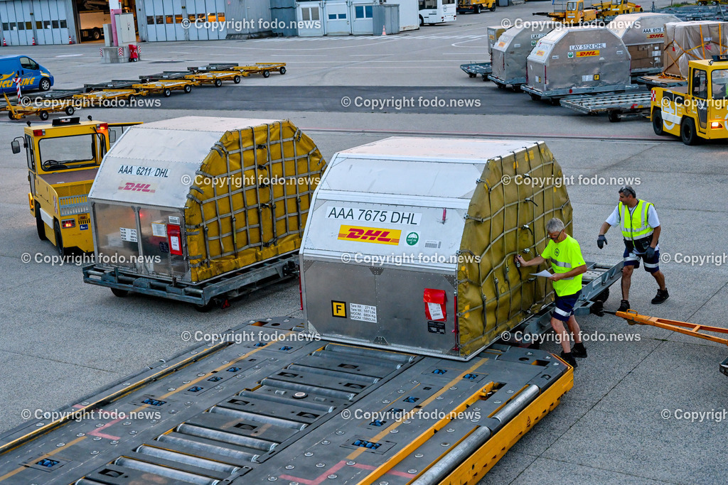DHL Hoersching_ Warehouse_ Pakete_ Flugzeugbeladung_ 26.06.2023-64 | 26.06.2023, Linz Hoersching, AUT, DHL Hoersching, Warehouse, Flugzeugbeladung Pakete, im Bild Frachtflugzeug wird mit Frachtcontainer beladen