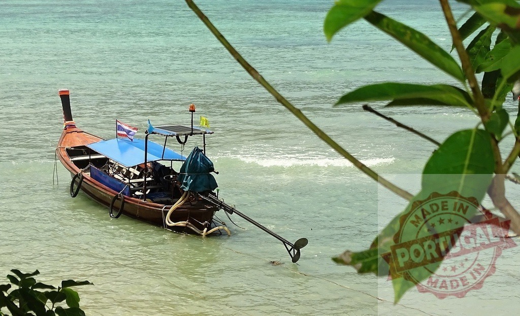 Longtail boat with thai flag floating near the shore on a tropical island in Thailand | Traditional thai longtail boat floating on turquoise water near tropical beach in Thailand - Realized with Pictrs.com