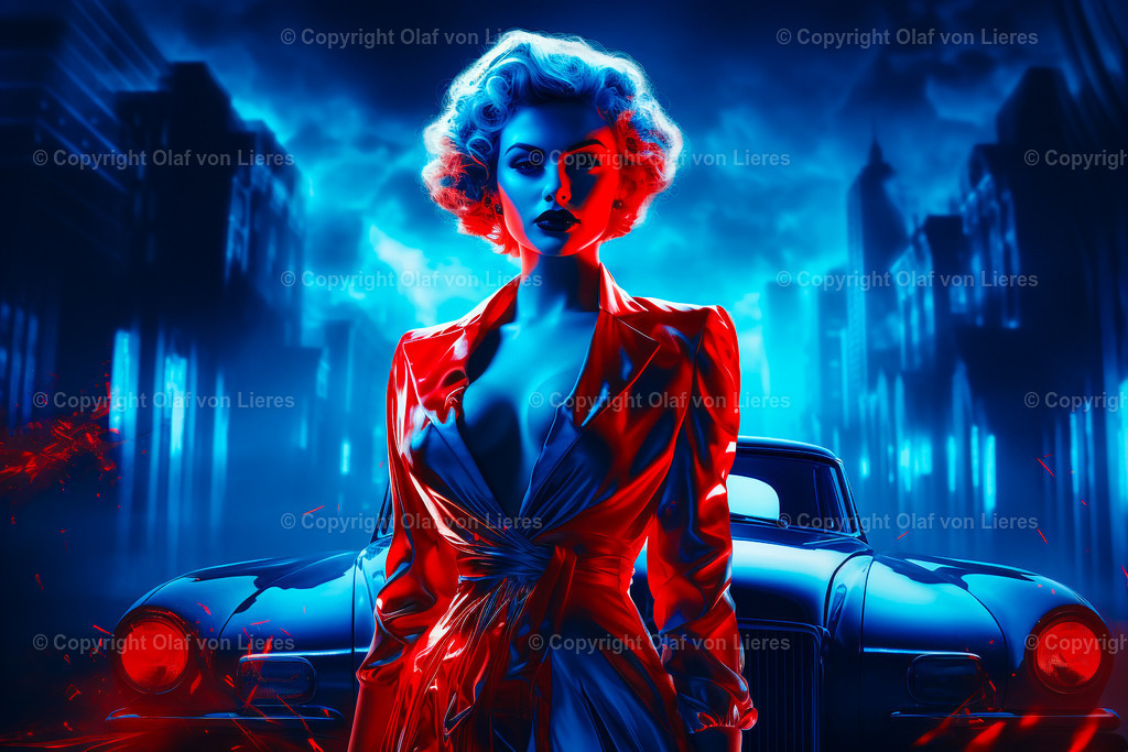 schöne Frau im roten Kleid vor blauem Auto | Frau mit Auto im Sin City Style