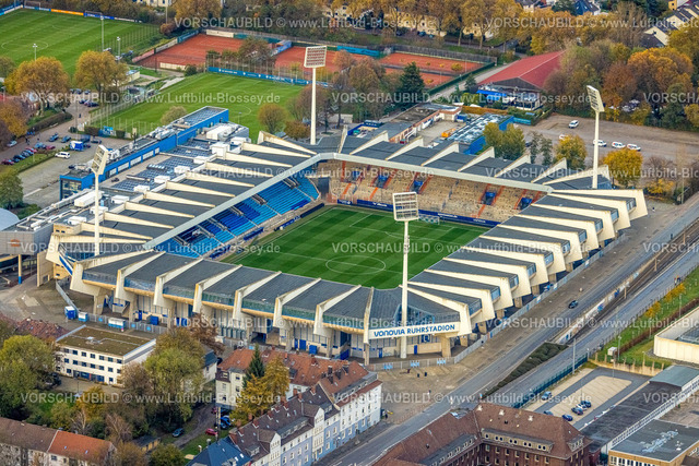 Bochum231102670 | Luftbild, Bundesligastadion Vonovia Ruhrstadion Fußballplatz des VfL Bochum 1848 mit Flutlichtmasten, Grumme, Bochum, Ruhrgebiet, Nordrhein-Westfalen, Deutschland