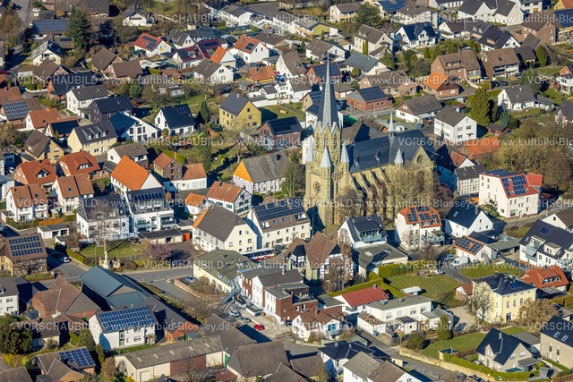 Werl250305888 | Luftbild, Wohngebiet Ortsansicht mit kath. Kirche St. Kunibert, Westbüderich, Werl, Soester Börde, Nordrhein-Westfalen, Deutschland