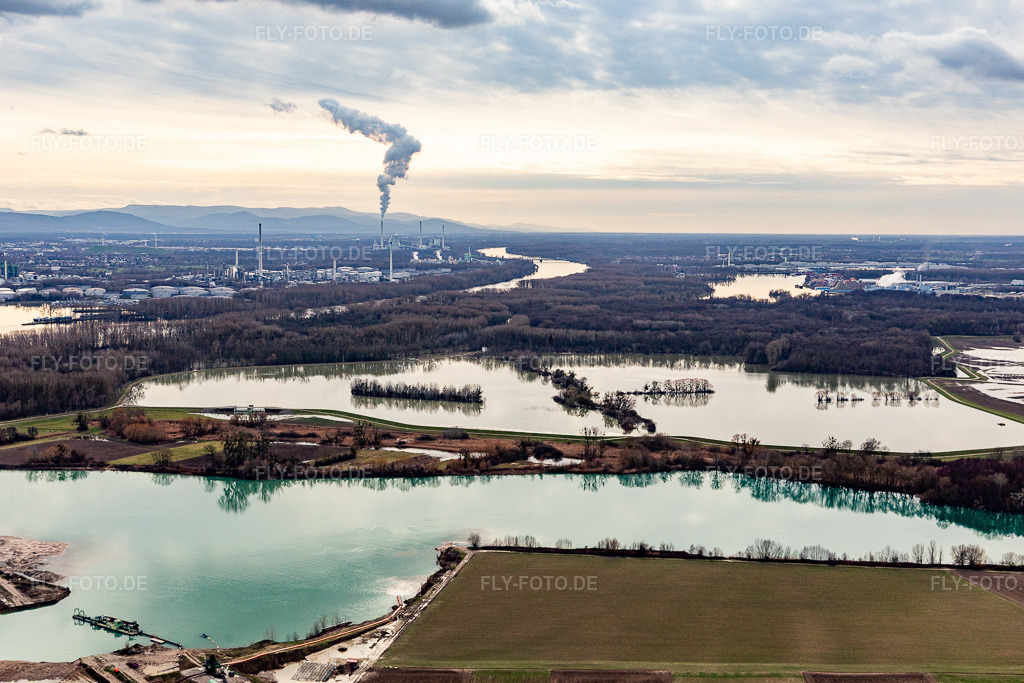 Luftbild: Überfluteter Altrhein / Polder Neupotz in Neupotz im Bundesland Rheinland-Pfalz in Deutschland. Foto: IMG_124226.jpg vom 04.02.2021 durch Werner Riehm/FLY-FOTO.de