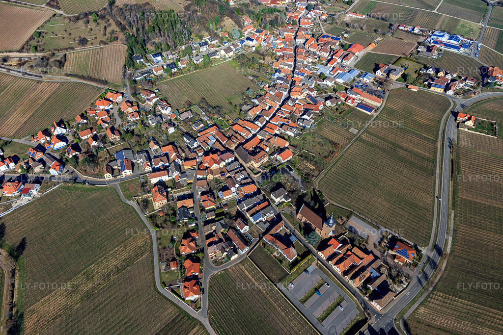 Luftbild: Winzerdorfansicht im Winter aus Südwesten in Burrweiler im Bundesland Rheinland-Pfalz in Deutschland. Foto: IMG_112700.jpg vom 27.02.2019 durch Werner Riehm/FLY-FOTO.de