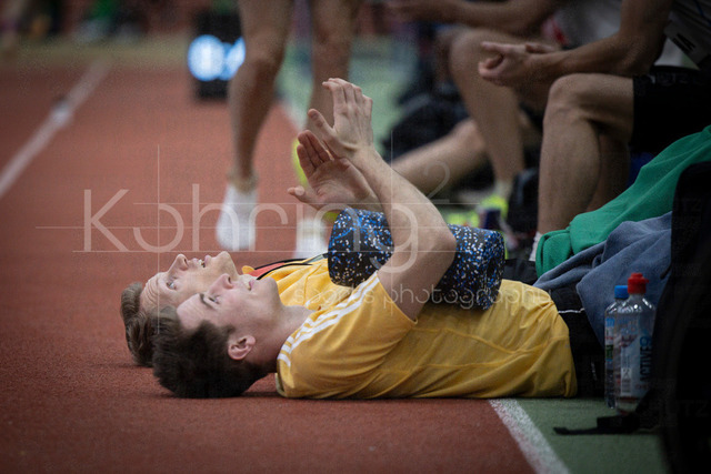 Indoor Meeting Dortmund, 08.02.2026 | DORTMUND, GERMANY - FEBRUARY 8:  Two long jumpers resting on the floor during the Indoor Meeting Dortmund at the Helmut-Koernig-Halle on February 8, 2026 in Dortmund, Germany. (Photo by Axel Kohring/Beautiful Sports Int.)