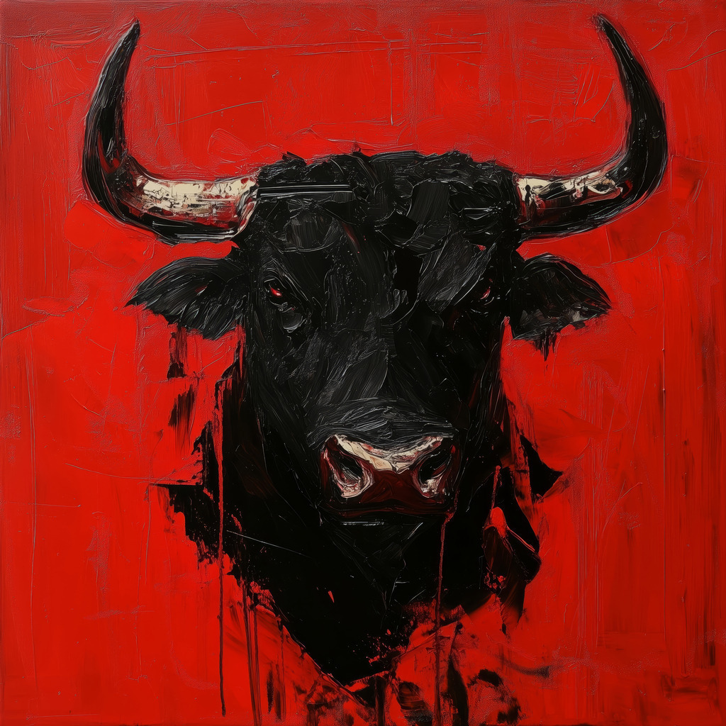 2408015 - Schwarzer Stier | Ein schwarzer Stier auf rotem Hintergrund im Stil eines Ölgemäldes. Bestellen Sie dieses Motiv als hochwertigen Kunstdruck in verschiedenen Ausführungen und Größen.