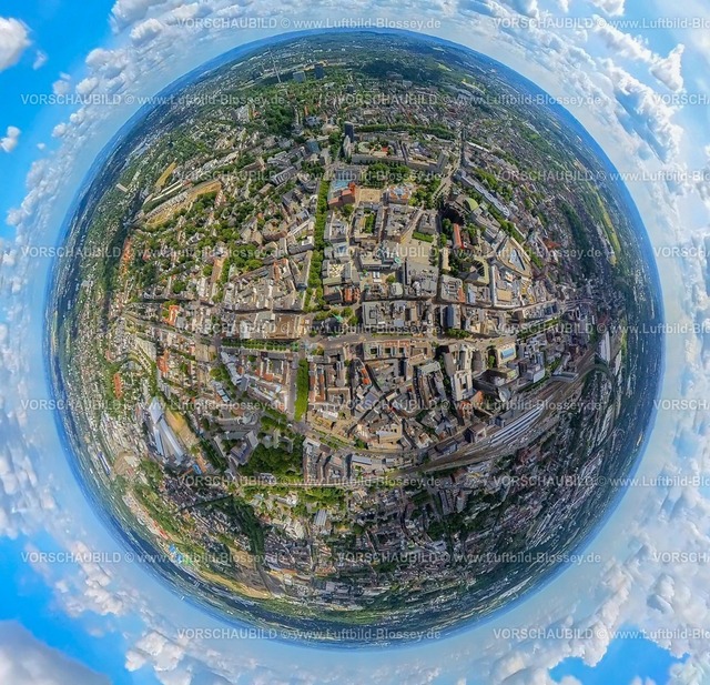 Dortmund230790018_Mitte | Luftbild, City mit Rathaus und Friedensplatz, Hansaplatz, Erdkugel, Fisheye Aufnahme, Fischaugen Aufnahme, 360 Grad Aufnahme, tiny world, City, Dortmund, Ruhrgebiet, Nordrhein-Westfalen, Deutschland
