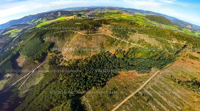 Schmallenberg230990374Waldschaeden | Luftbild, Waldgebiet mit Waldschäden Schmallenberger Höhe, Erdkugel, Fisheye Aufnahme, Fischaugen Aufnahme, 360 Grad Aufnahme, tiny world, Schmallenberg, Sauerland, Nordrhein-Westfalen, Deutschland