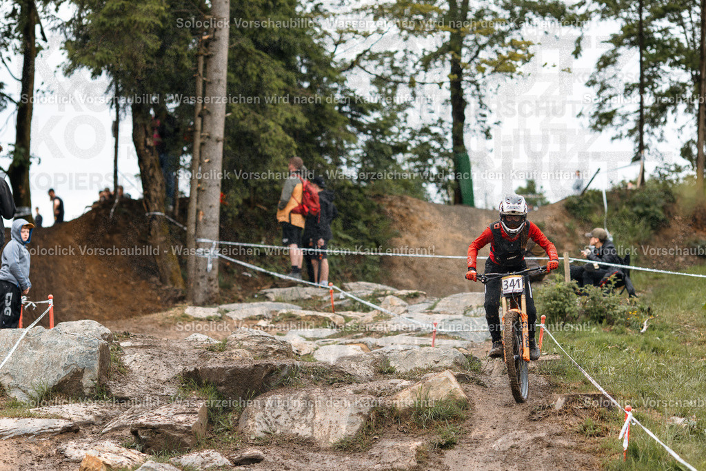 Mountainbike-Wettkampf in der Natur | Ein Mountainbiker in voller Ausrüstung, einschließlich Helm und Schutzbrille, fährt einen anspruchsvollen, steinigen Pfad hinunter. Er trägt eine Nummer 341 auf seinem Rücken. Der Pfad schlängelt sich durch eine bewaldete Landschaft mit vereinzelten Bäumen und Büschen. Im Hintergrund sind Zuschauer zu sehen, die den Wettkampf beobachten. Die Szene vermittelt ein Gefühl von Geschwindigkeit, Herausforderung und Abenteuer. - Realisiert mit Pictrs.com
