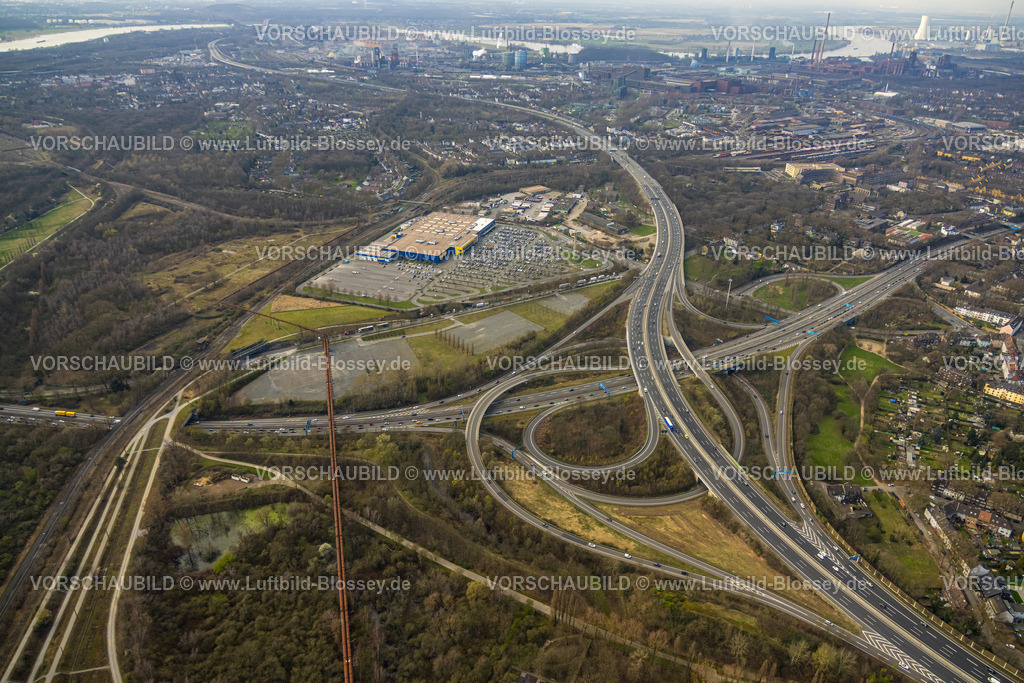 Duisburg240304793 | Luftbild, Autobahnkreuz Duisburg-Nord mit Baustelle, Autobahn A42 und Autobahn A59, Ikea Möbelhaus, Zeus Gelände, Obermeiderich, Duisburg, Ruhrgebiet, Nordrhein-Westfalen, Deutschland, Duisburg-N