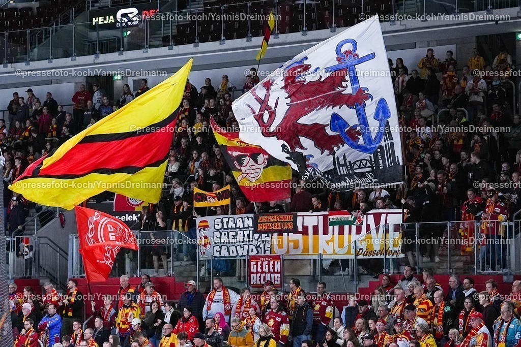xYDRx19102501095 | 19.10.2025, xydrx, Eishockey, DEL2, Düsseldorfer EG - EV Landshut, PSD Bank Dome Düsseldorf: Fans der Düsseldorfer EG schwenken Fahnen, feature,