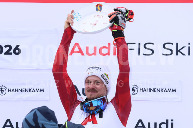 Audi FIS Ski World Cup: Men’s Slalom – Hahnenkamm Race, Kitzbuehel | Kitzbuehel, Austria, 25.Jan.26 - Alpine Skiing - FIS World Cup, Hahnenkamm Race, Slalom, men. The image shows FELLER Manuel (AUT, Atomic) first place with trophy.