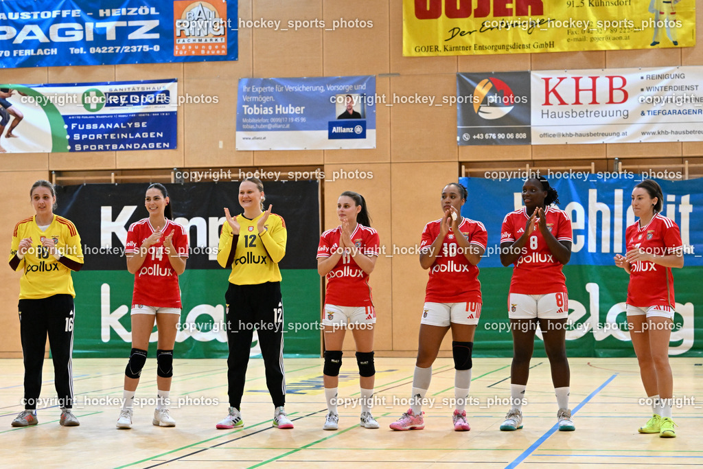 SC Ferlach vs. Sport Lisboa Benfica 30.9.2023 | #16 ZETOVIC Lea Sport Lisboa Benfica, #14 BOLZAN E SILVA Ana Cláudia Sport Lisboa Benfica, #12 URSU Ana Sport Lisboa Benfica, #11 PEREIRA Madalena Sport Lisboa Benfica, #10 RODRIGUES Nádia Sport Lisboa Benfica, #8 UNJANQUE Maria Sport Lisboa Benfica, #7 BORSCHENKO Viktoriva Sport Lisboa Benfica, SC Ferlach vs. Sport Lisboa Benfica 30.9.2023, SC Ferlach vs. Sport Lisboa Benfica am 30.09.2023 in Ferlach (Ballspielhalle Ferlach), Austria, (Photo by Bernd Stefan)