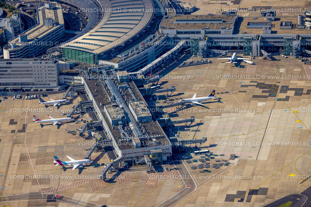 Duesseldorf220700437 | Luftbild, Flughafen Düsseldorf Airport, Abfertigungshalle und Abfertigungsfinger, Lohausen, Düsseldorf, Rheinland, Nordrhein-Westfalen, Deutschland