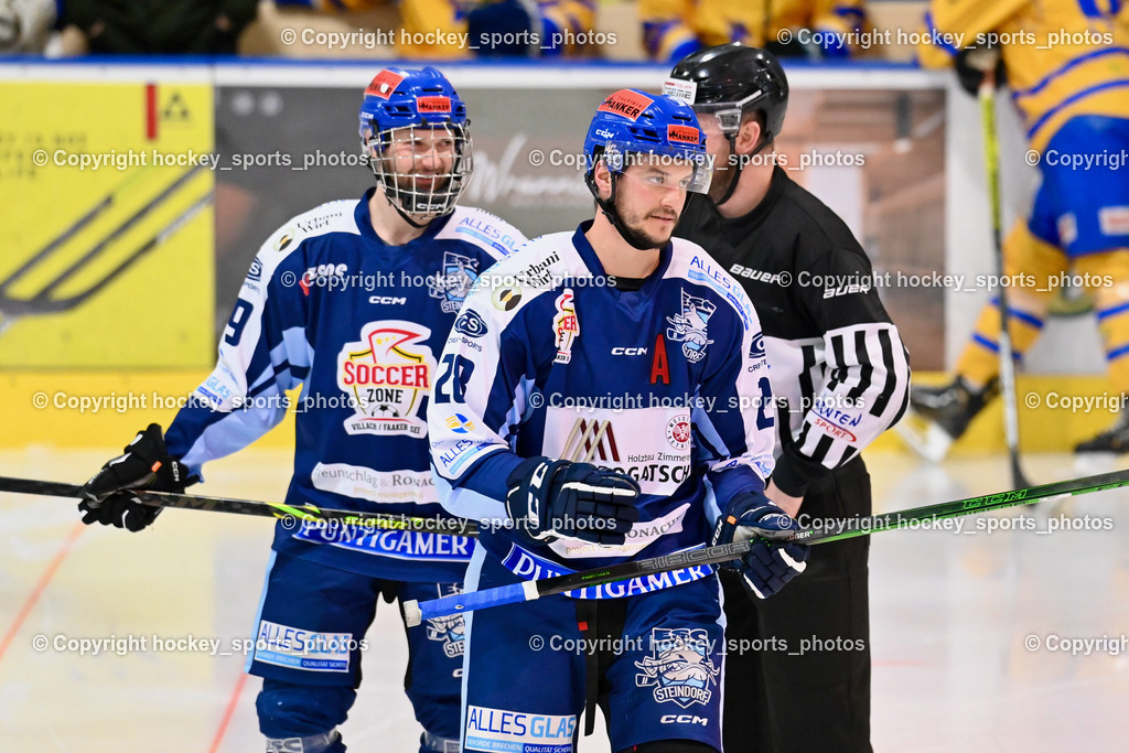 ESC Steindorf vs. EHC Althofen | #28 Bacher Stefan ESC Steindorf, #69 Kreuzer Philipp ESC Steindorf, ESC Steindorf vs. EHC Althofen, ESC Steindorf vs. EHC Alhofen am 03.03.2024 in Steindorf (Ossiachersee Halle), Austria, (Photo by Bernd Stefan)