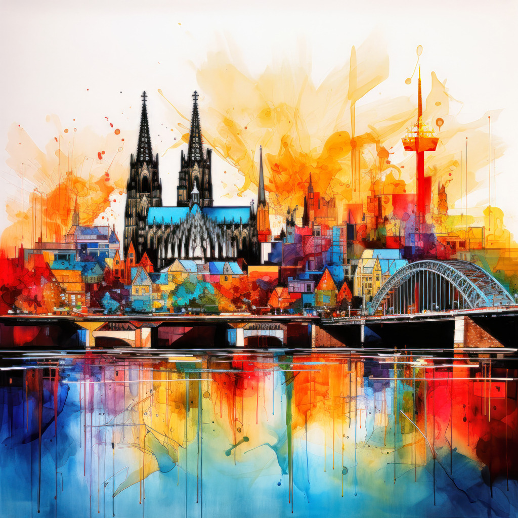 10260816 - Abstrakte Köln Skyline | Moderne abstrakte Köln Skyline im Popart Stil. und Elementen eines Aquarell-Gemäldes. Erhältlich als hochwertiges Wandbild auf Leinwand, Acrylglas, Alu-Dibond oder als Poster, einfach über "Bestellen" konfigurieren.