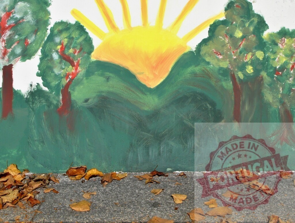 Childlike painting of sunny forest and autumn leaves | Childlike outdoor painting on a wall with fallen dry autumn leaves on the ground - Realized with Pictrs.com
