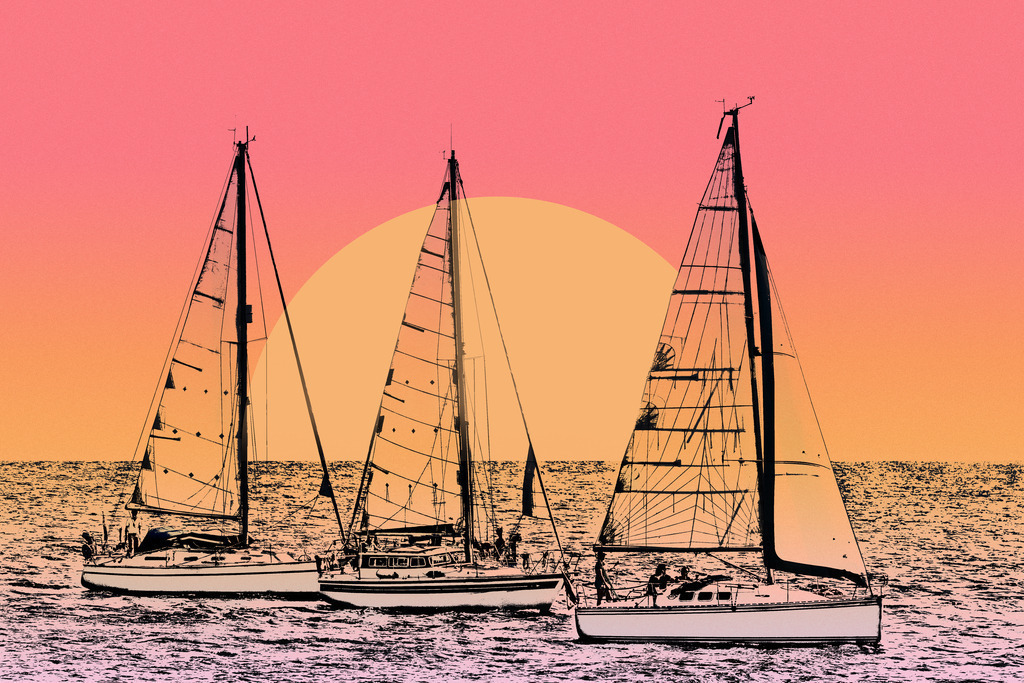 Photoart: Segelboote im Sonnenuntergang | Dieses Wandbild im Querformat zeigt drei Segelboote, die sich sanft über das Wasser bewegen, eingebettet in die stimmungsvolle Atmosphäre eines Sonnenuntergangs. Die dunklen Bereiche der Boote und Wellen sind in tiefem Schwarz gehalten, wodurch die Silhouetten eine markante Präsenz erhalten.Der abendliche Himmel präsentiert sich mit einem harmonischen Farbverlauf aus warmen Tönen, begleitet von einer feinen Körnung, die der Szene eine besondere Textur verleiht. Diese sanfte Farbgebung setzt sich im Meer fort und verstärkt die ruhige, fast meditative Stimmung. Auch die hellen Flächen der Segelboote reflektieren dieses warme Farbspiel und fügen sich nahtlos in die Gesamtkomposition ein.Ein Kunstwerk, das die Schönheit des Meeres und die Magie eines Sonnenuntergangs in einer atmosphärischen Darstellung vereint. - Realisiert mit Pictrs.com