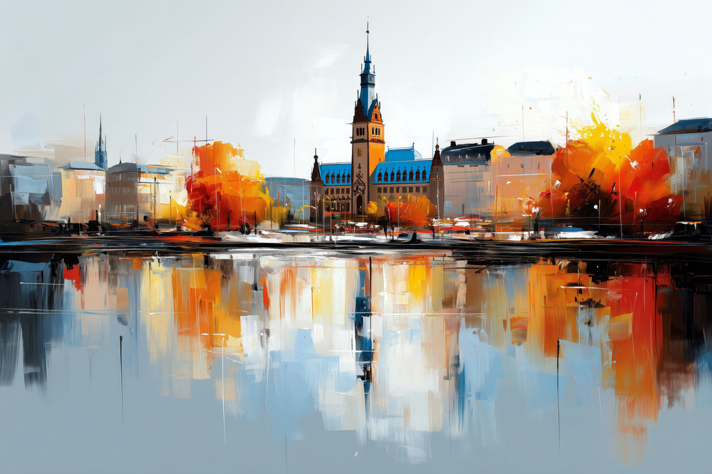 2604007 - moderner Alsterblick | Moderne, reduzierte Darstellung vom Hamburger Rathaus und der Binnenalster mit markanten Spiegelungen im Wasser. Warme Farbakzente treffen auf kühle Töne und verleihen dem Motiv eine elegante, zeitgemäße Ausstrahlung – ein stilvoller Blickfang für moderne Wohn- und Arbeitsräume.