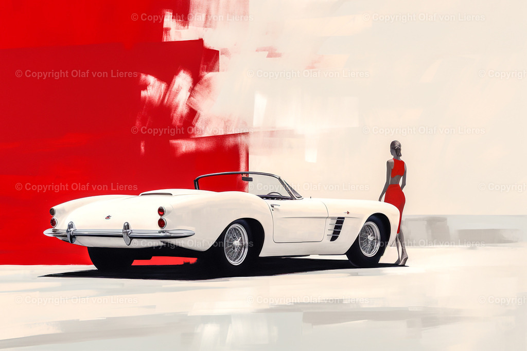 alter Sportwagen rot weiß | Frau im Kleid mit altem Sportwagen