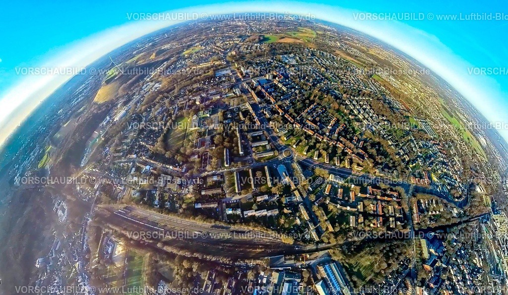 Gladbeck240190230Brauck_HorsterStrasse | Luftbild, Ortsansicht Wohngebiet Ortsteil Brauck, Horster Straße Verkehrsinfrastruktur, Schulzentrum Brauck, Erdkugel, Fisheye Aufnahme, Fischaugen Aufnahme, 360 Grad Aufnahme, tiny world, little planet, fisheye Bild, Brauck, Gladbeck, Ruhrgebiet, Nordrhein-Westfalen, Deutschland