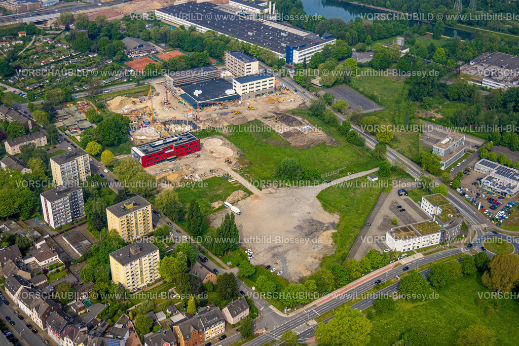 Herne240500242 | Luftbild, Baustelle mit Neubau Kaiserquartier, auch Quartier Kaiserstraße, zwischen Forellstraße und Lackmanns Hof, Sinterwerke GmbH am Rhein-Herne-Kanal, Hochhaussiedlung, Baukau, Kindertagesstätte der Stadt Herne, Herne, Ruhrgebiet, Nordrhein-Westfalen, Deutschland