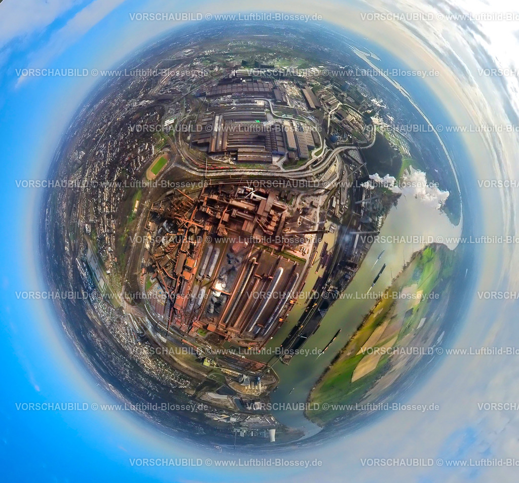 Duisburg240390010ThyssenSteel-2 | Luftbild, Thyssenkrupp Steel Europe Stahlwerk am Fluss Rhein, Werkshafen Schwelgern, Erdkugel, Fisheye Aufnahme, Fischaugen Aufnahme, 360 Grad Aufnahme, tiny world, little planet, fisheye Bild, Marxloh, Duisburg, Ruhrgebiet, Nordrhein-Westfalen, Deutschland, Duisburg-fish