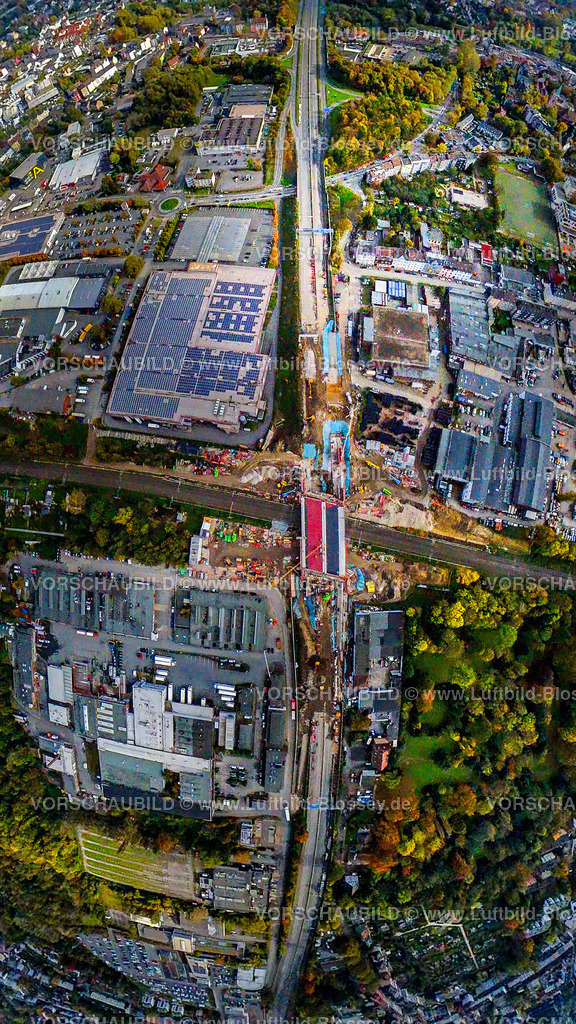 Bochum241090414A40SperrungFreudenbergstrasse | Luftbild, Vollsperrung der Autobahn A40 am Ersatzneubau und Brückenbau Schlachthofbrücke über die Bahnschienen am Schlachthof, Freudenbergstraße, Fisheye Aufnahme, Fischaugen Aufnahme, 360 Grad Aufnahme, tiny world, little planet, fisheye Bild, Hamme, Bochum, Ruhrgebiet, Nordrhein-Westfalen, Deutschland