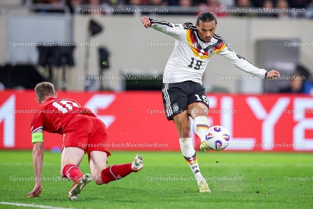 DFB14112501124 | 14.11.2025, Fußball, Länderspiel, WM-Qualifikation Europa, Deutschland - Luxemburg, Stade de Luxembourg (Croix de Gasperich, Luxemburg), 9. Spieltag, Saison 2025 2026: Leroy Sane (GER #19) schießt auf das Tor an Laurent Jans (LUX #18) vorbei  Regulations prohibit any use of photographs as image sequences and or quasi-video.
