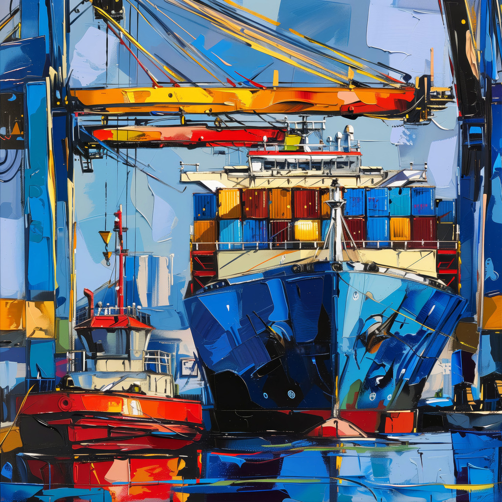 10240608 - Schlepper und Containerschiff | Hafendetail im Stil eines modernen Gemäldes.