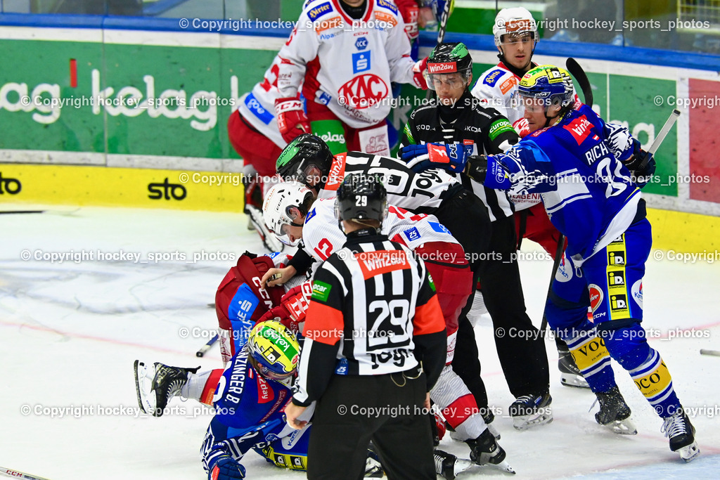 EC IDM Wärmepumpen VSV vs. EC KAC  | #81 RICHTER Marco EC VSV, BÄRENTHALER Christoph Referee, ZGONC GASPER JAKA Referee, Faustkampf, #81 van Ee Finn EC KAC, #42 LANZINGER Benjamin EC VSV, #12 Maier David EC KAC, #68 Gomboc Luka EC KAC, EC IDM Wärmepumpen VSV vs. EC KAC , EC IDM Wärmepumpen VSV vs. EC KAC  am 27.10.2024 in Villach (Stadthalle Villach), Austria, (Photo by Bernd Stefan)