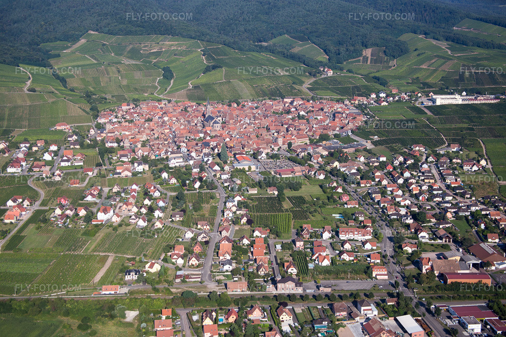 Aerial view: Village view in Dalhunden in the state Bas-Rhin, France. – Photo: IMG_093263.jpg taken on 08/16/2016 by Werner Riehm/FLY-FOTO.com – Resolution of the original: 5472 x 3648 px